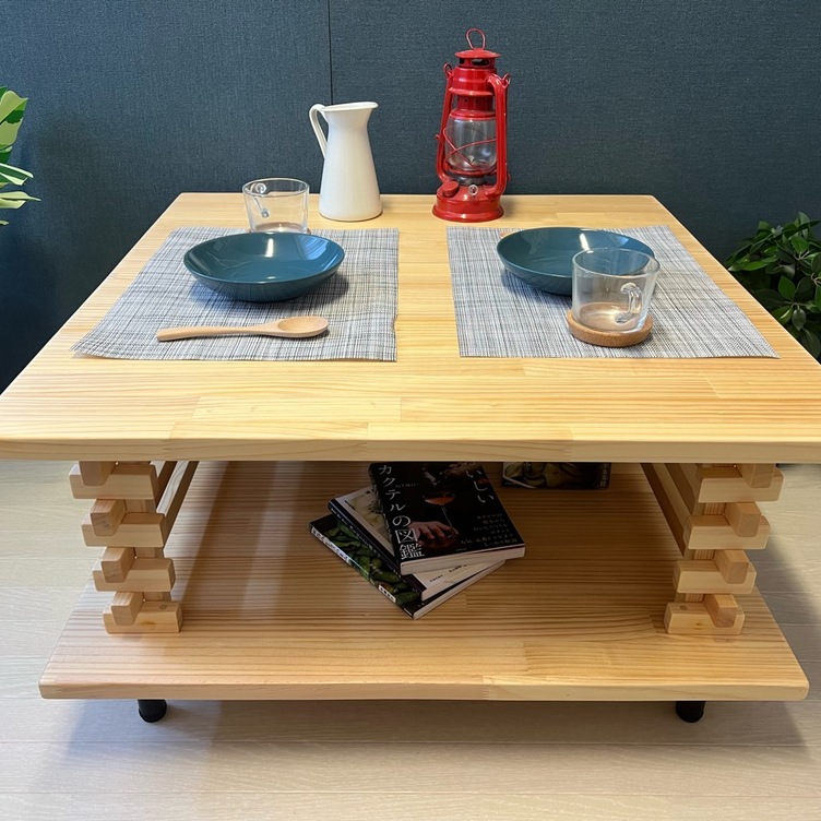 【送料無料】 ローテーブル 和風 木組格子形 80cm角 パイン ナチュラル