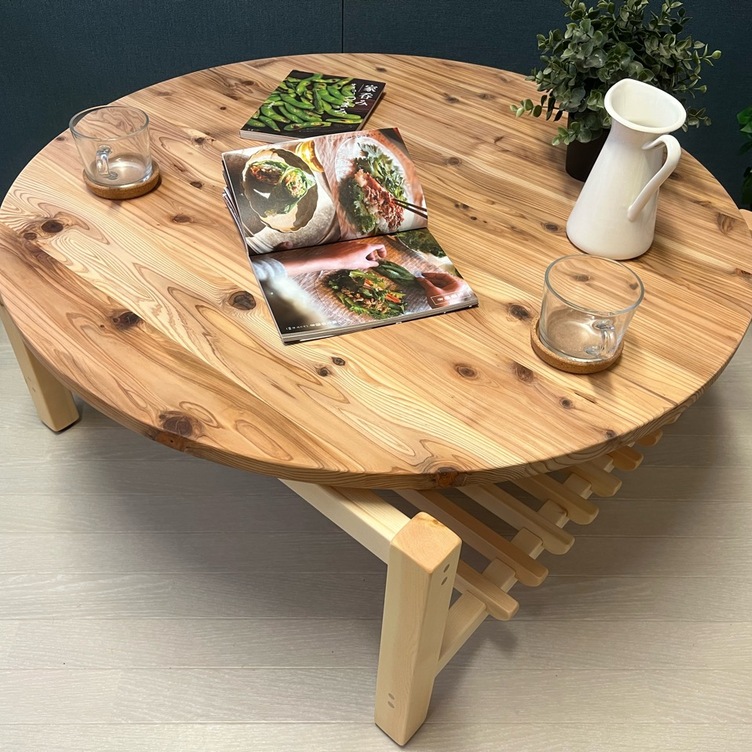 【送料無料】 ローテーブル 丸 木組やぐらベース 90cm 杉 ナチュラル 格子棚付き