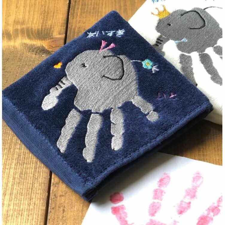 【オーダーメイド】手形アート象さんの刺繍タオル 