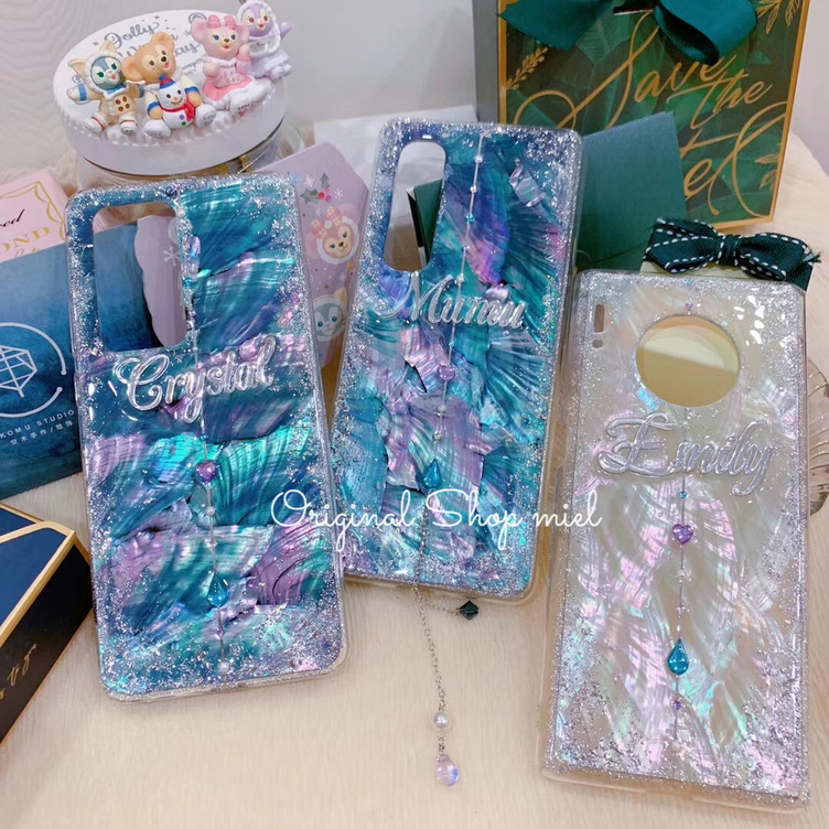 名入れ♡キラキラ天然シェル✨ラメ✨ドロップハートチャームブルー♡スマホカバー 名入れ♡キラキラ天然シェル✨ラメ✨ドロップハートチャーム