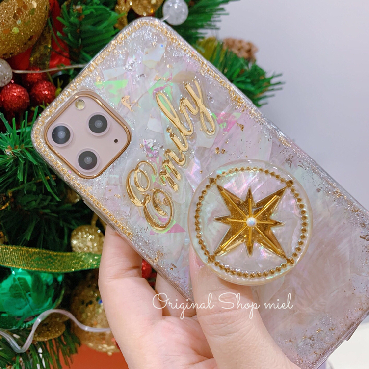 名入れ♡キラキラホワイトカラフルシェル✨ポップソケット付き♡スマホケース✨手作り