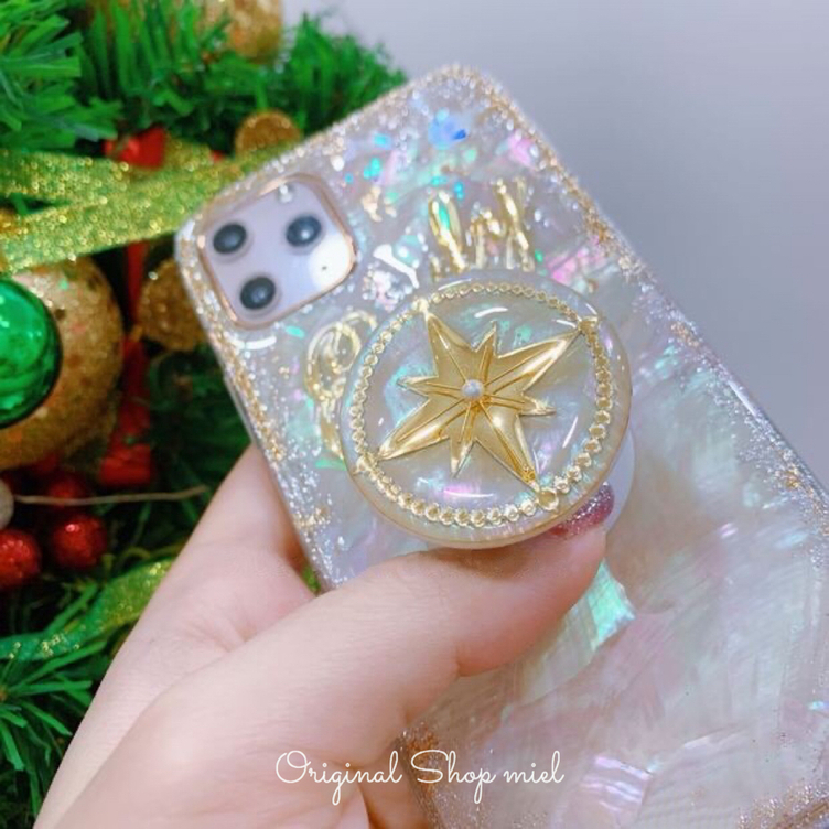 名入れ♡キラキラホワイトカラフルシェル✨ポップソケット付き♡スマホケース✨手作り