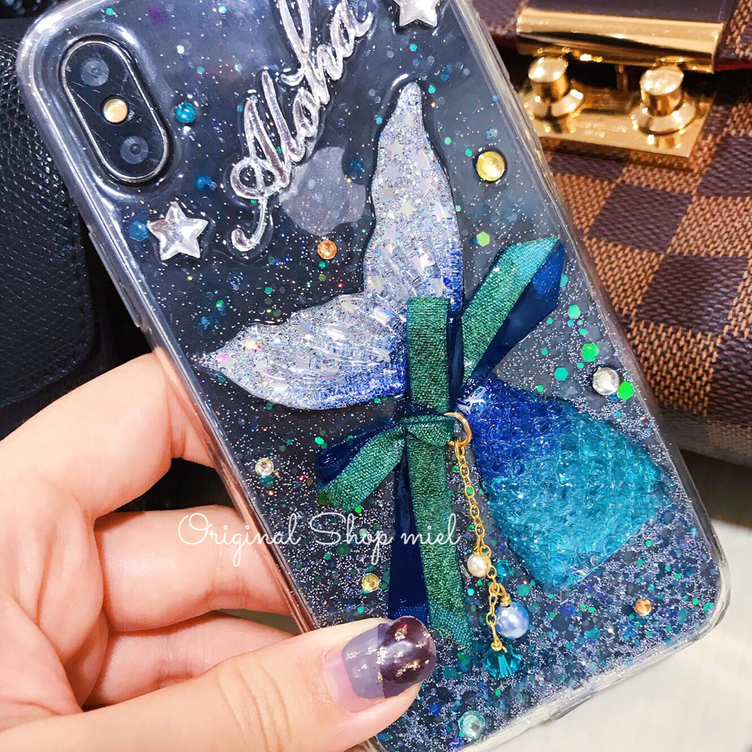 名入れ♡キラキラマーメイド⭐︎リボン✨テール♡iPhoneケース✨ 名入れ♡キラキラマーメイド⭐︎リボンチャーム付き✨テール