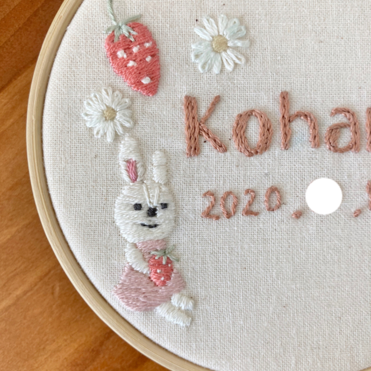 手刺繍バースボード 刺繍命名書 刺繍バースデーボード うさぎ いちご マーガレット オーダー頂いたイメージ モチーフを元にデザイン 出産祝い 誕生日ギフト お花 キャラクター ぬいぐるみ Tanomake タノメイク 欲しいものが頼めるオーダーメイド特化型オンライン