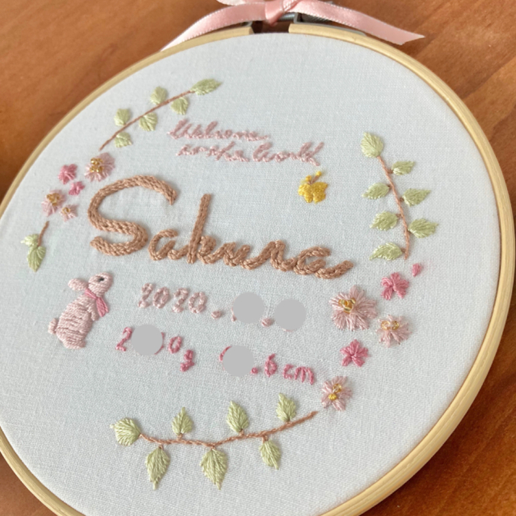 手刺繍のバースボード 手刺繍命名書 手刺繍バースデーボード 動物 桜の花 風船 オーダー頂いたイメージ モチーフを元にデザイン 刺繍 出産祝い 誕生日ギフト お花 くま うさぎ 双子 パステルカラー Tanomake タノメイク 欲しいものが頼めるオーダーメイド特化型