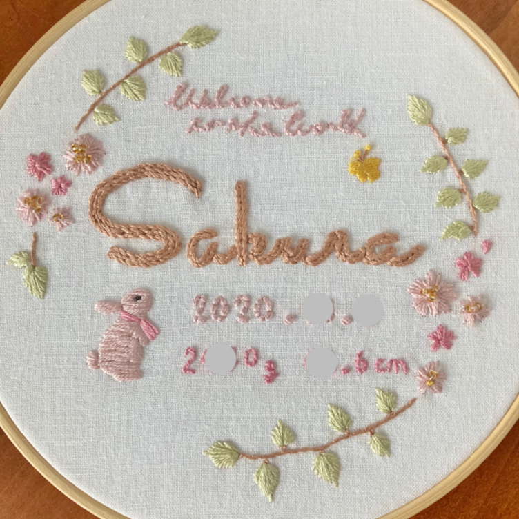 手刺繍のバースボード 手刺繍命名書 手刺繍バースデーボード 動物 桜の花 風船 オーダー頂いたイメージ モチーフを元にデザイン 刺繍 出産祝い 誕生日ギフト お花 くま うさぎ 双子 パステルカラー Tanomake タノメイク 欲しいものが頼めるオーダーメイド特化型