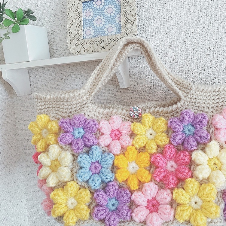 手編みのスクエアバッグ お花モチーフ | TanoMake(タノメイク
