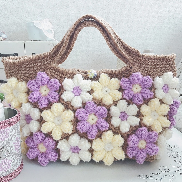 手編みのスクエアバッグ お花モチーフ | TanoMake(タノメイク 