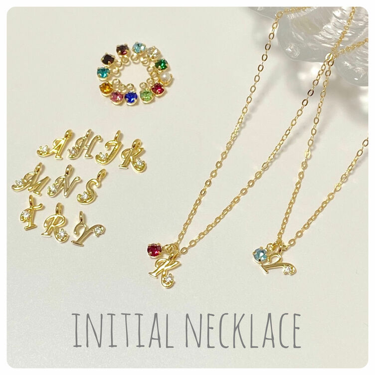 【イニシャルネックレス(誕生石カラーストーン付き)】K14GF 誕生日 フォーマル シンプル お揃い 