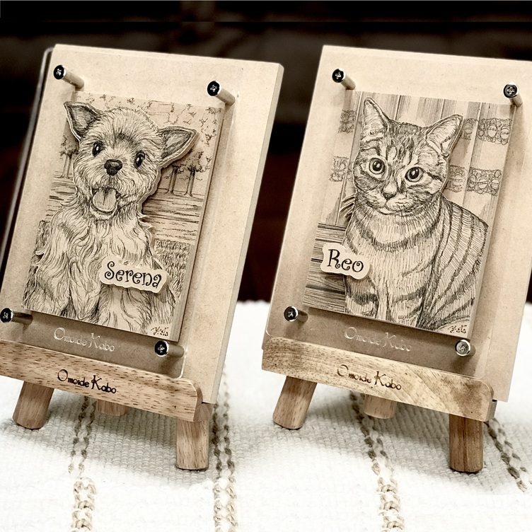 オーダーメイド【木アート画】ペットS（額を含む）～手描き＆立体＆木製アート♪ 似顔絵・ペット画で贈り物、お祝い、記念に♪
