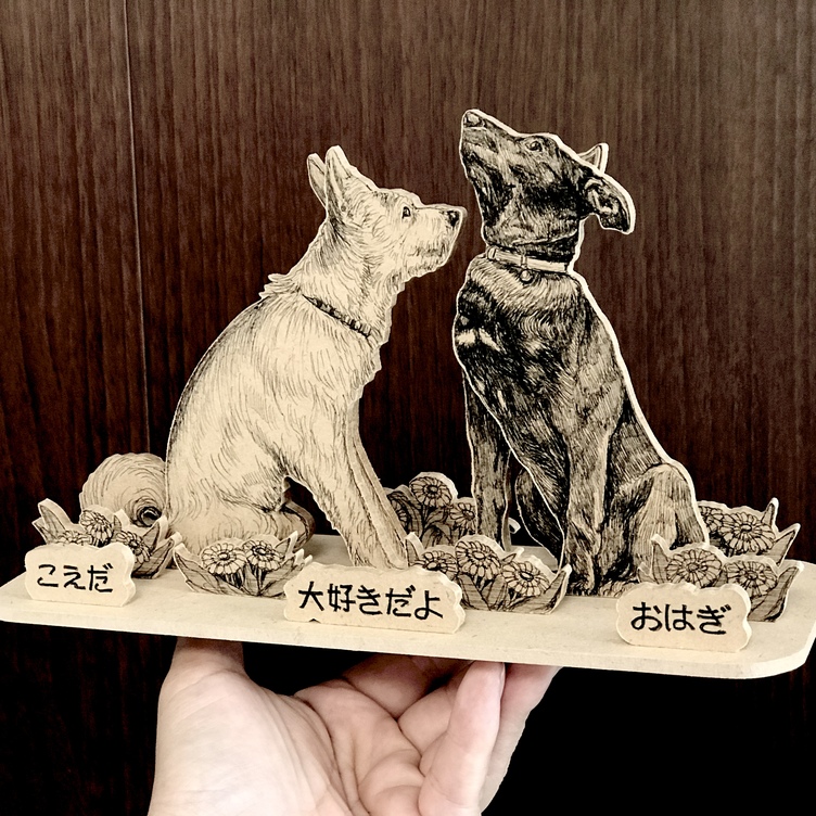 オーダーメイド【木アート画】ペットミニサイズ（複数頭）～手描き＆立体＆木製アートのペット画♪贈り物、お祝い、記念に！