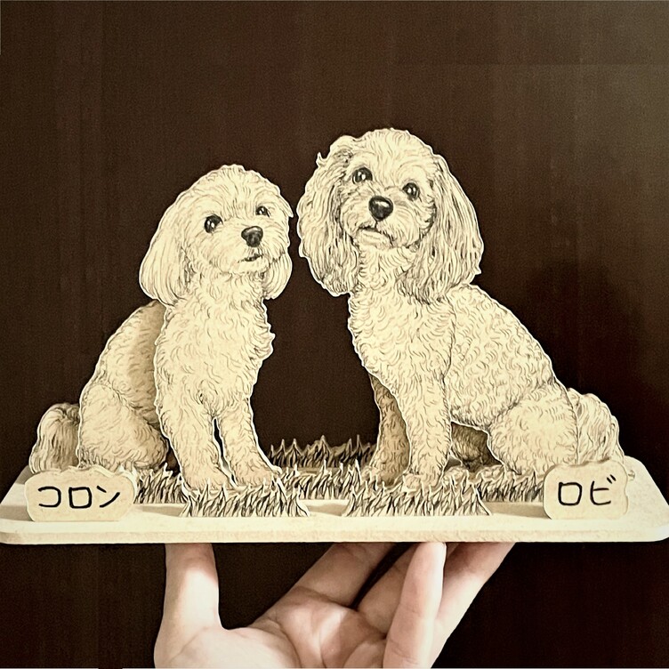 オーダーメイド【木アート画】ペットミニサイズ（複数頭）～手描き＆立体＆木製アートのペット画♪贈り物、お祝い、記念に！