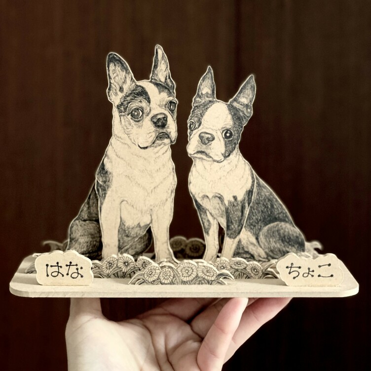 オーダーメイド【木アート画】ペットミニサイズ（複数頭）～手描き＆立体＆木製アートのペット画♪贈り物、お祝い、記念に！