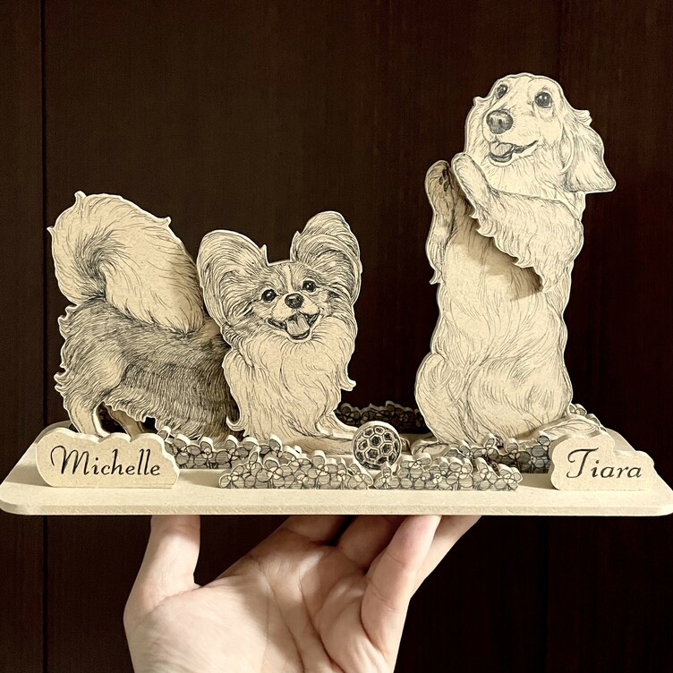 オーダーメイド【木アート画】ペットミニサイズ（複数頭）～手描き＆立体＆木製アートのペット画♪贈り物、お祝い、記念に！