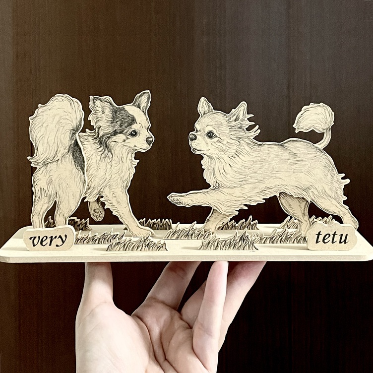 オーダーメイド【木アート画】ペットミニサイズ（複数頭）～手描き＆立体＆木製アートのペット画♪贈り物、お祝い、記念に！