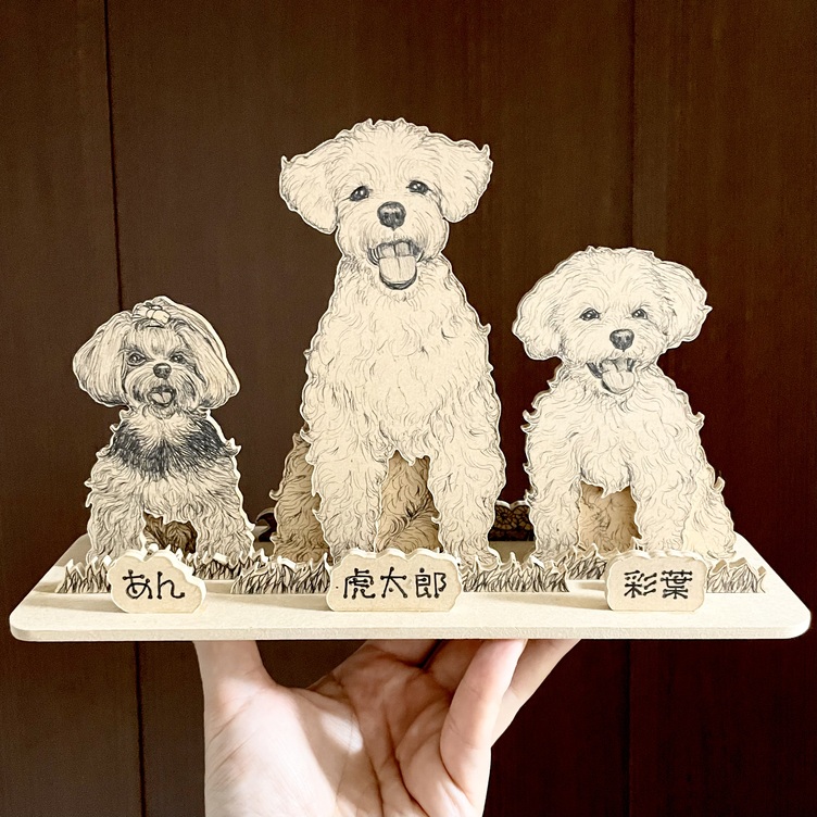 オーダーメイド【木アート画】ペットミニサイズ（複数頭）～手描き＆立体＆木製アートのペット画♪贈り物、お祝い、記念に！