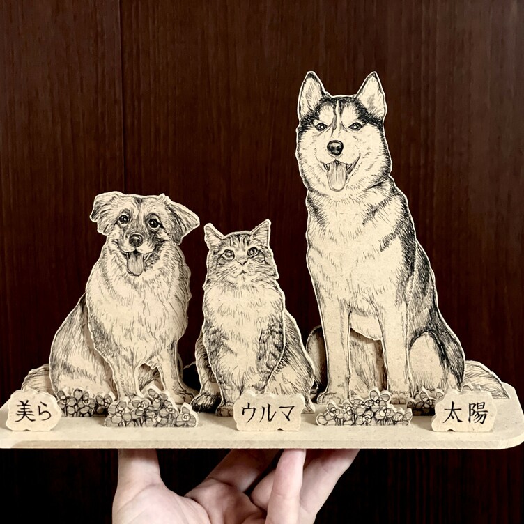 オーダーメイド【木アート画】ペットミニサイズ（複数頭）～手描き＆立体＆木製アートのペット画♪贈り物、お祝い、記念に！