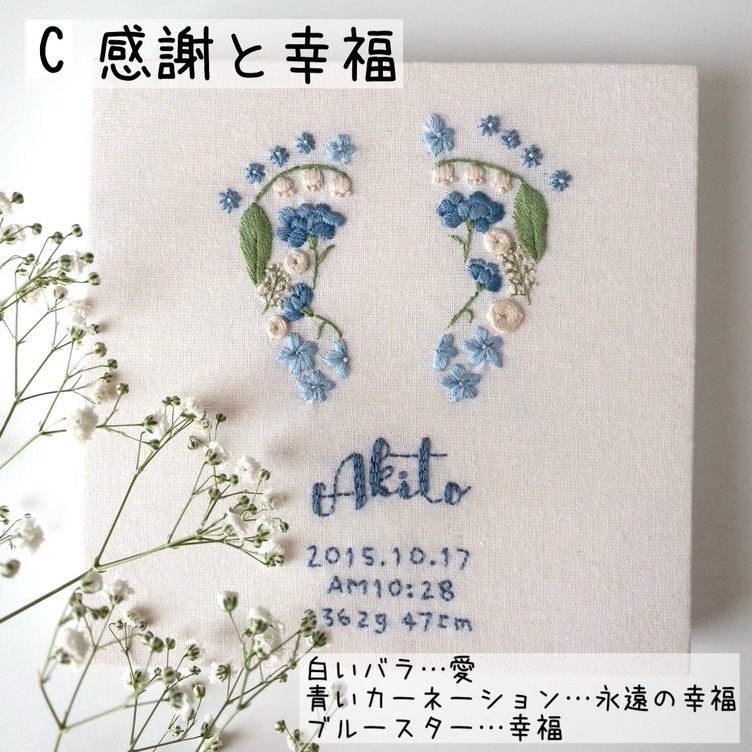 nico　手形・足形刺繍　春のお花畑 赤ちゃんの小さな足型・手型の出生記念の命名書♪】ミモザを中心