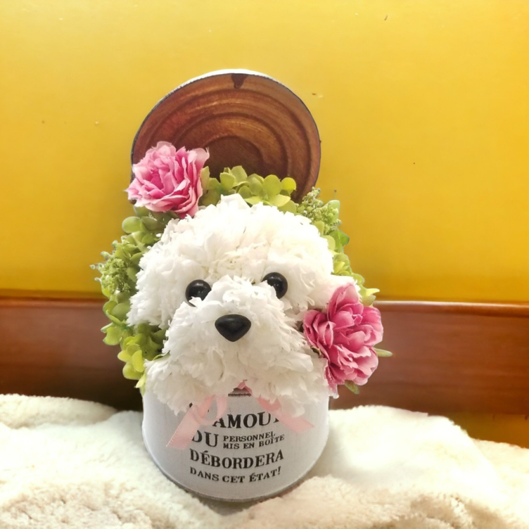 送料込み／花の犬【ミニ・白】プリザーブドフラワー カーネーション ペット 犬 花 