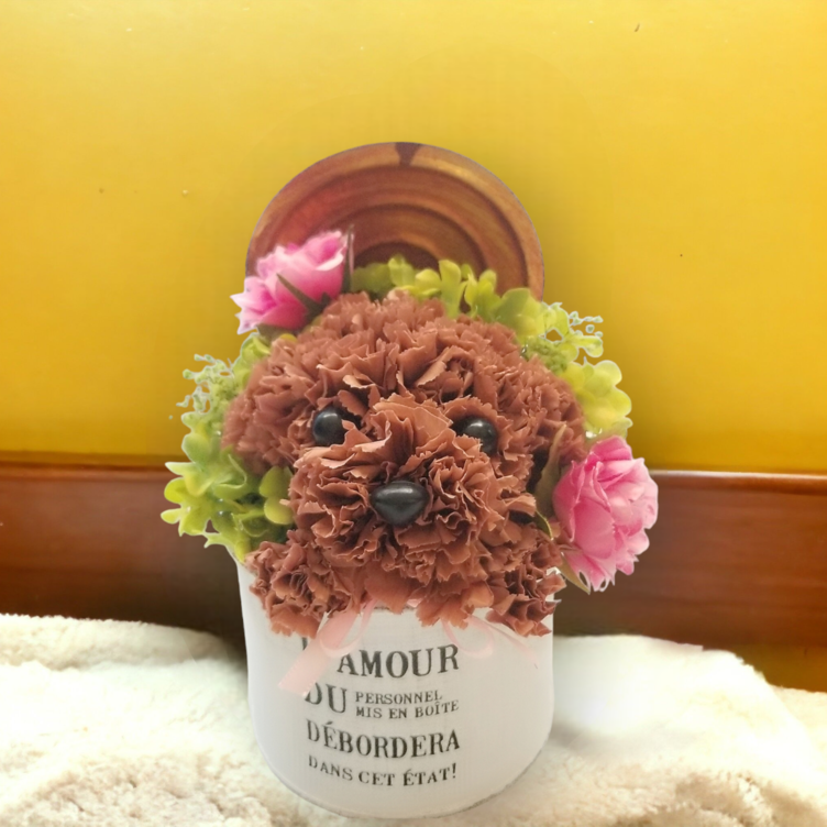 送料込み／花の犬【ミニ・濃い茶】プリザーブドフラワー カーネーション ペット 犬 花 