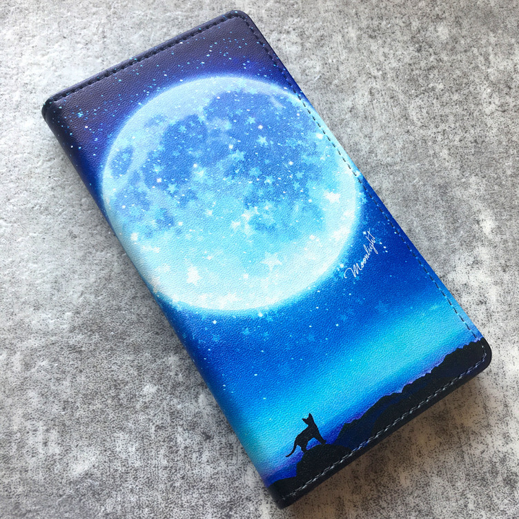 満月とねこの手帳型スマホケース（ブルー）