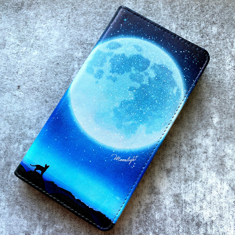 満月とねこの手帳型スマホケース（ライトブルー）