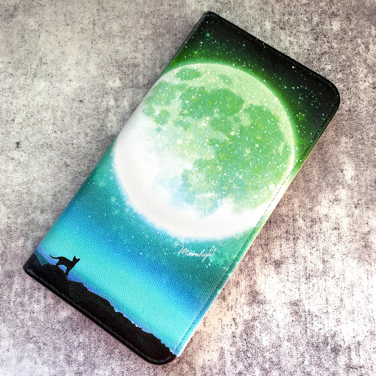 満月とねこの手帳型スマホケース（グリーン）
